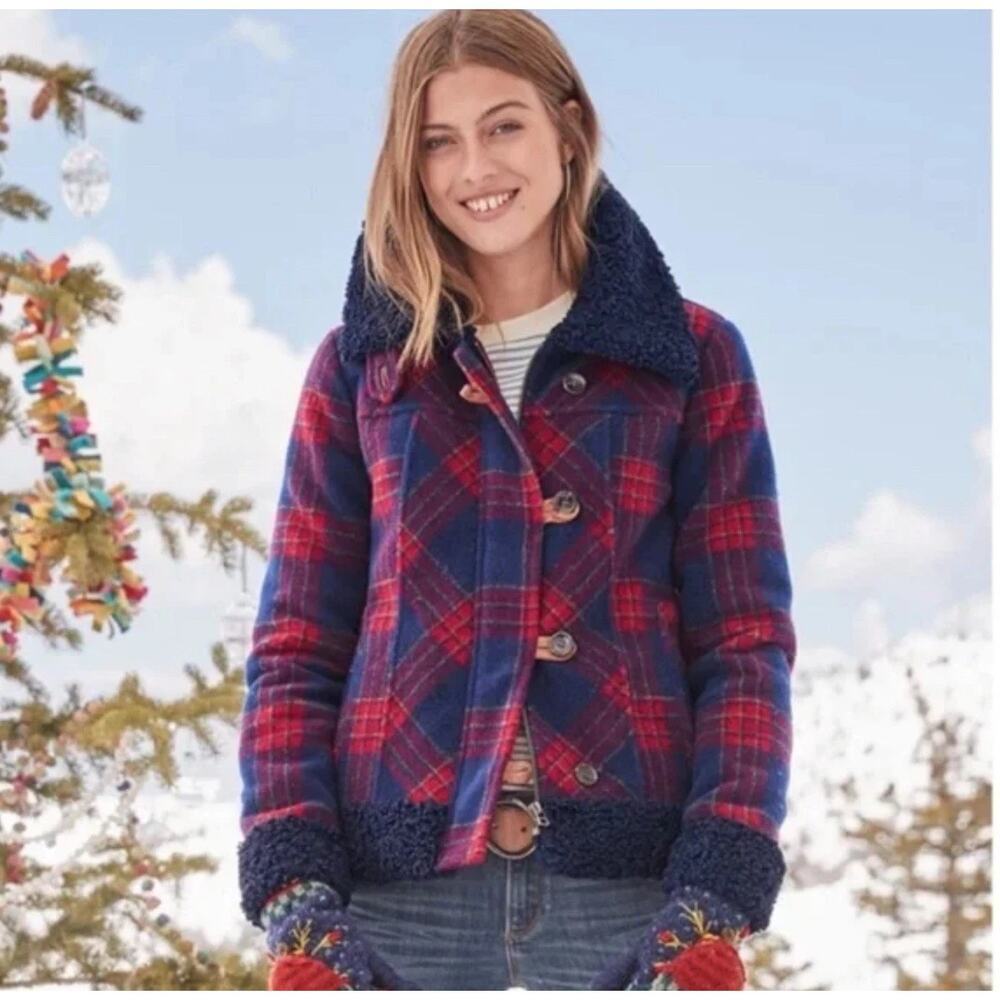 Sundance Greta Jacket Wool Blend Zip Button Plaid Print Red Blue Size XS